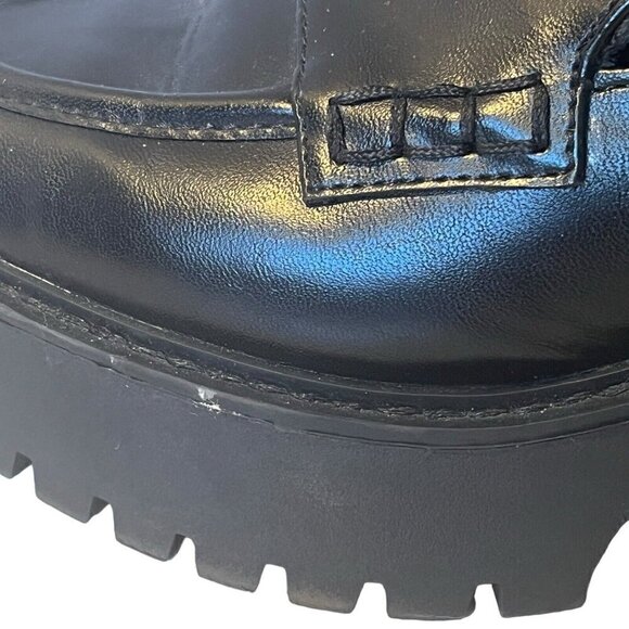 Womens 8.5 Chunky Platform Slip On Penny Loafer Black Faux Leather Lug Soles - Picture 6 of 12